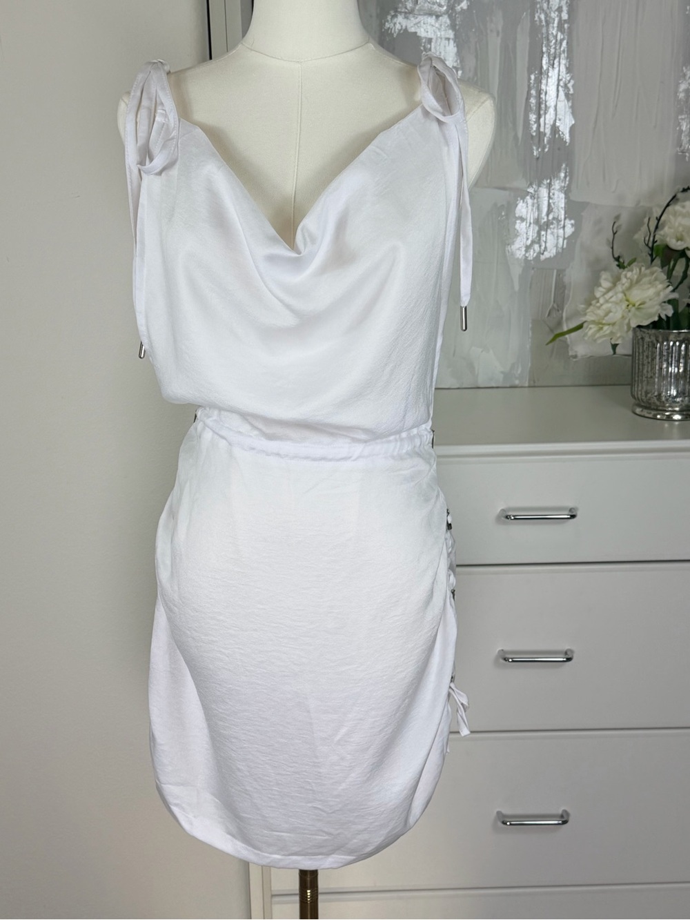 NWT Manière De Voir White Satin Ruched Cowl Neck Mini Dress size 6
